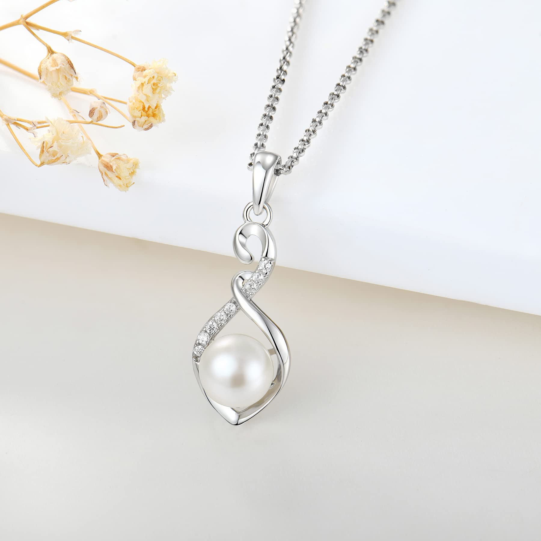 JO WISDOM Damen Kette Süßwasserperle 8mm Silber 925,Halskette Anhänger Infinity mit 3A Zirkonia,Schmuck für Frauen