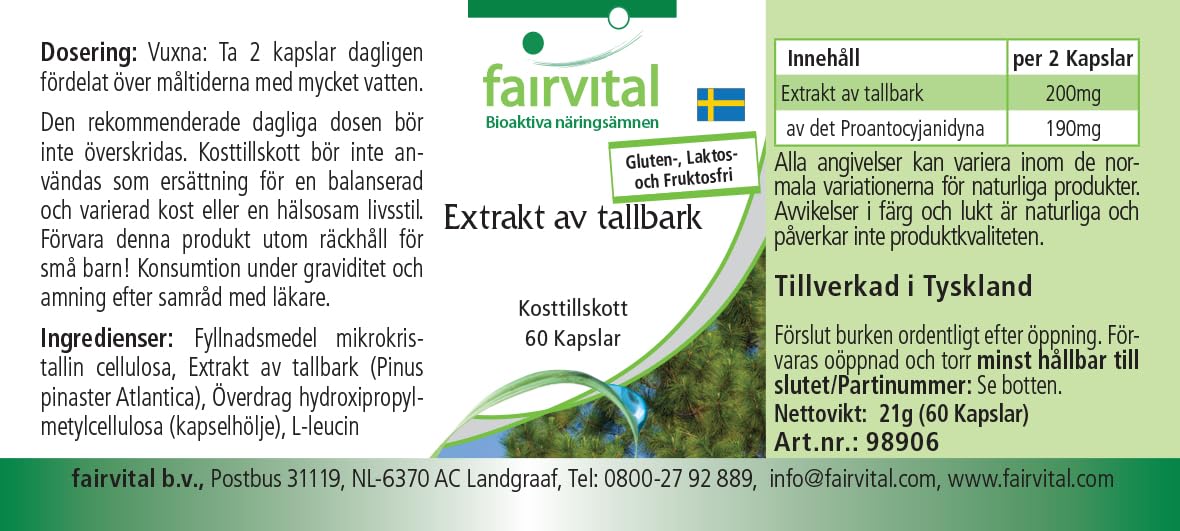 Fairvital | Estratto di corteccia di pino 100 mg - 180 capsule (60 x 3) - ad alto dosaggio - Pinus pinaster atlantica - 95% proantocianidine - VEGAN