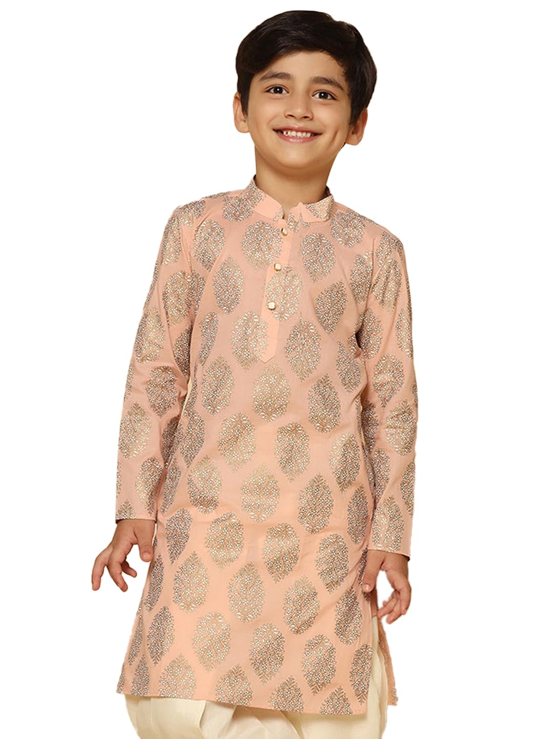 Kisah Boy's Kurta, Peach Cotton Blend, Ethnic Motifs Long Sleeves Regular Fit Mandarin Collar (7-8 Years)