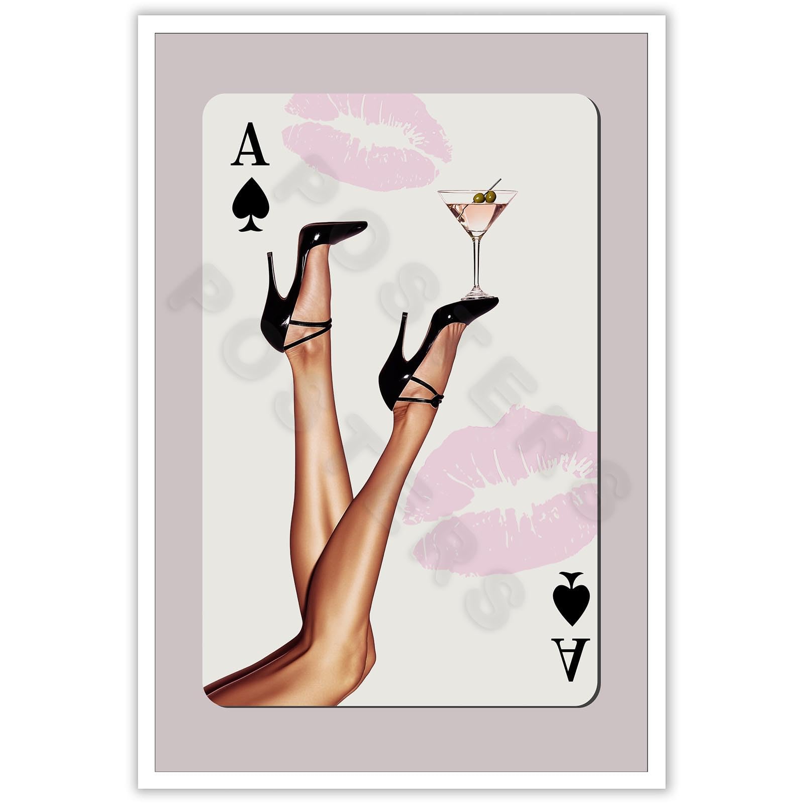 LRCYBMN Trendy Pink Playing Card Print Wall Art Posters Retro Ace Of Spades Print Black Heels Poster Bar Cart Newspaper Martini Canvas Wall Art Pink