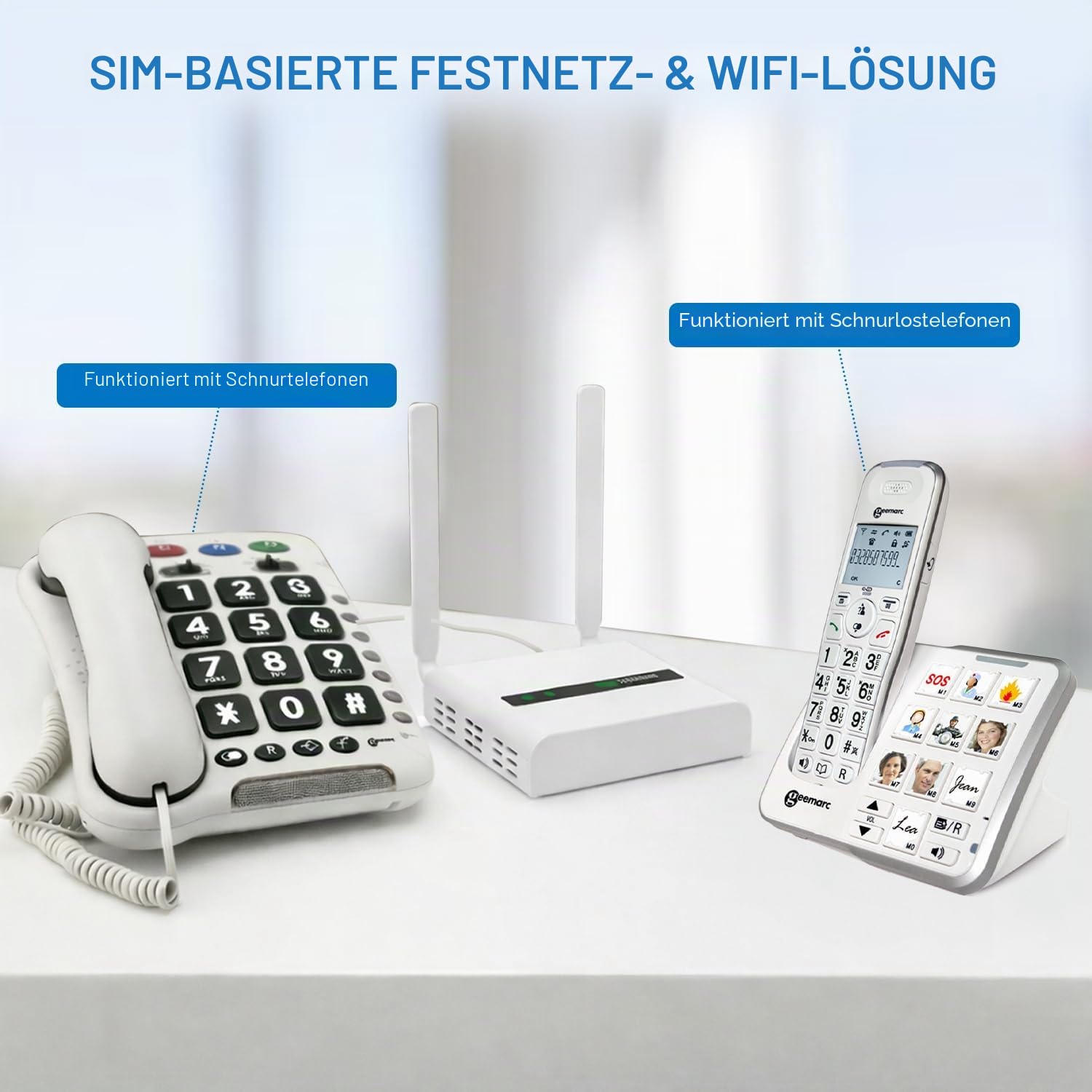 Geemarc CL2000 – zum Verbinden von Festnetztelefonen mit dem 4G-Mobilfunknetz – benötigt eine SIM-Karte zum Betrieb – kann als WLAN-Zugangspunkt dienen