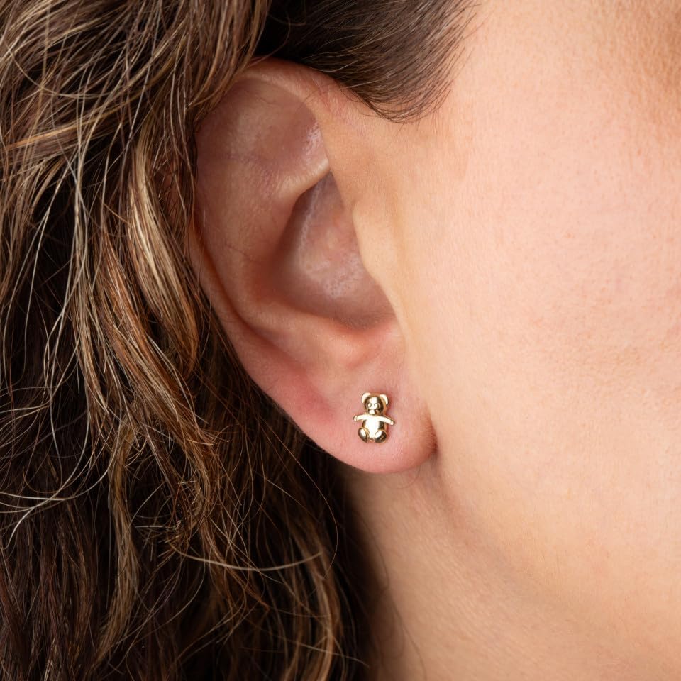 Teddy Bear Stud Earrings Real Solid 14K Yellow Gold