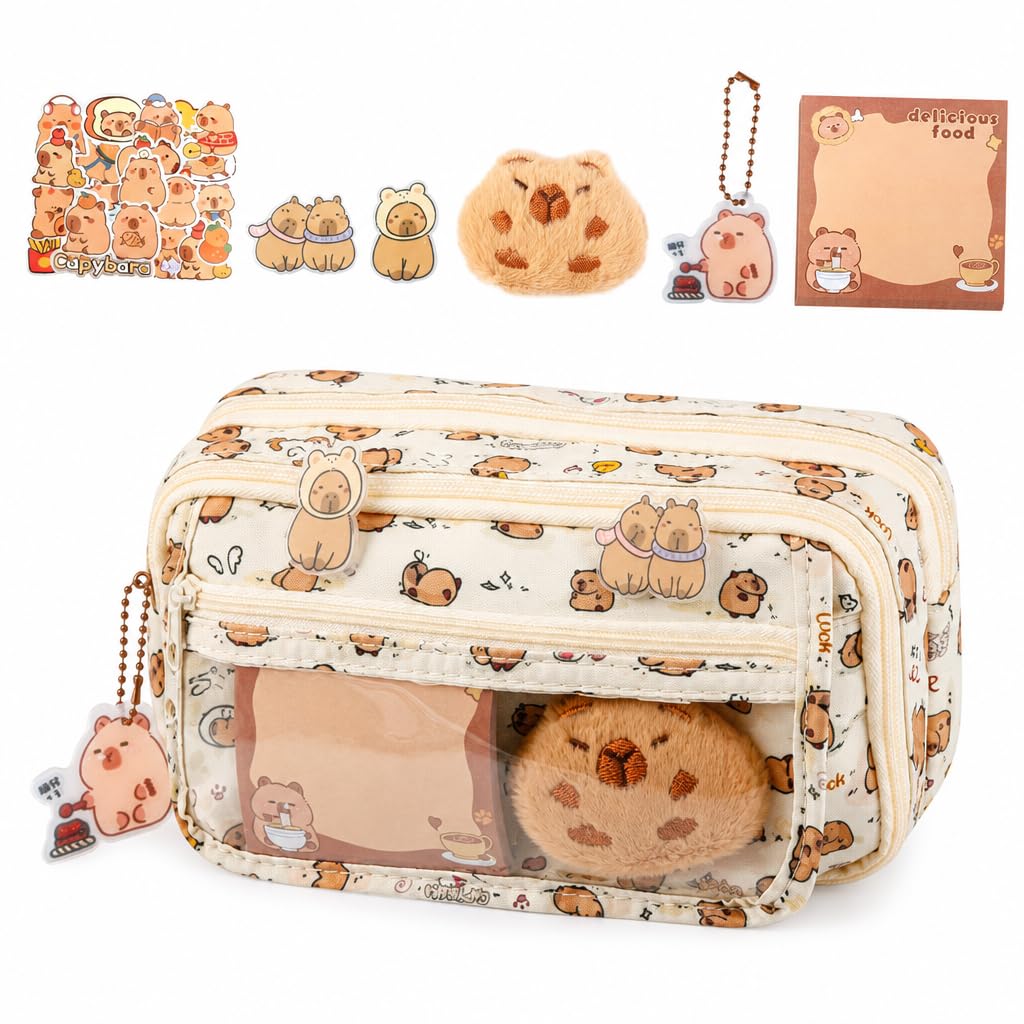Capybara Pencil Case, 25-Piece Capybara Stationery Set Comes with 1 Doll 20 Theme Stickers 2 Brooches and Pendants Imagess, Multi-Purpose Storage Pouch for Stationery Cosmetics Toiletry