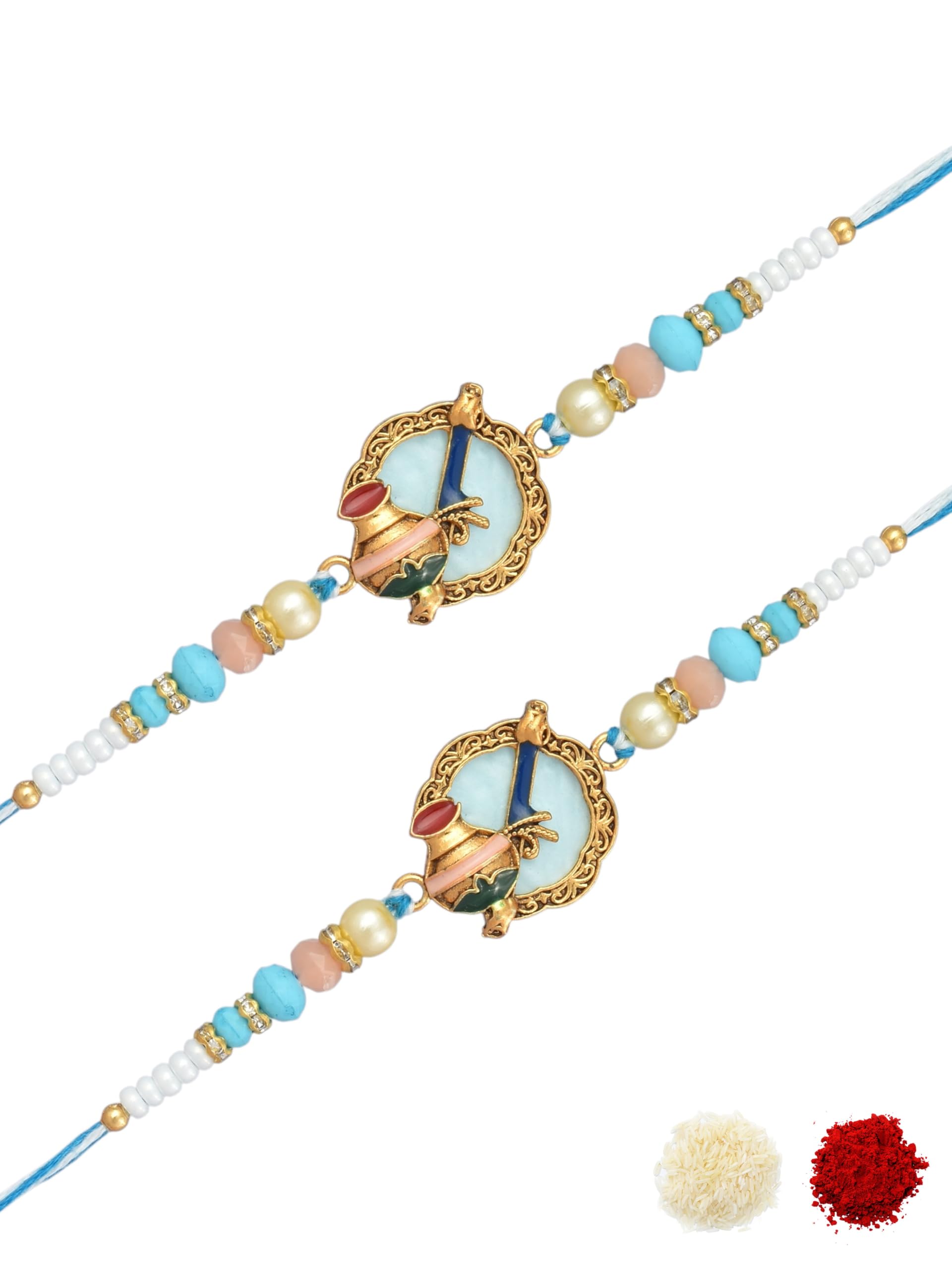 Premium Auspicious Kalash Motif Enamel Work, Pastel Beads & AD Studded Cotton Thread Pack of 2 Rakhi for Brother, Bhai, Kids with Roli Chawal & Greeting Card for Raksha Bandhan-57-image-2