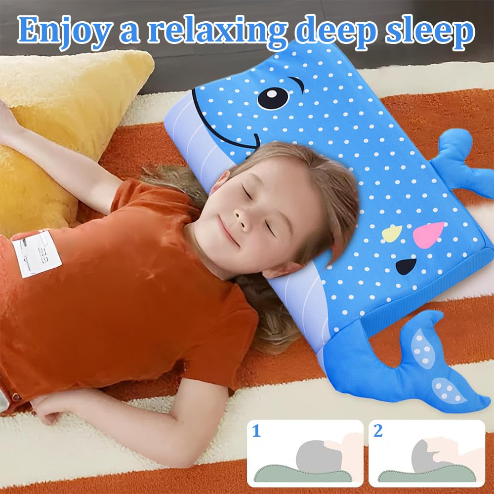 Almohada para Niños, 46 x 26cm Almohada para Bebe con Funda de Almohada, Suave y Transpirable para un Sueño Seguro, Espuma Viscoelástica, para Niños Mayores de 2 Años (Ballena)