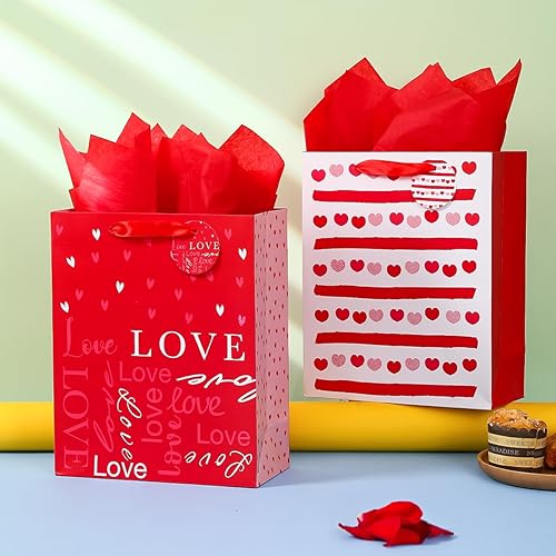 Miniatura 2 de Vammy Bolsa de regalo grande de San Valentín de 13 pulgadas con papel de seda, paquete de 2 bolsas de regalo de papel (amor, corazón) para el día de