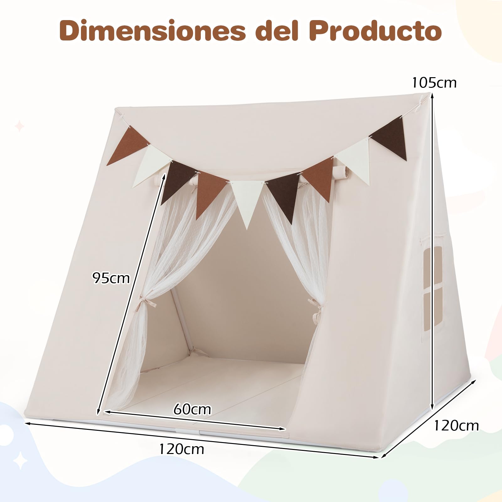 COSTWAY Tienda Campaña Infantil, Casita Infantil Interior con Alfombra Acolchada Lavable, Banderas Coloridas, Casita Niños Tela para Niños de 3+ Años, para Rincón de Lectura, Sala de Juegos