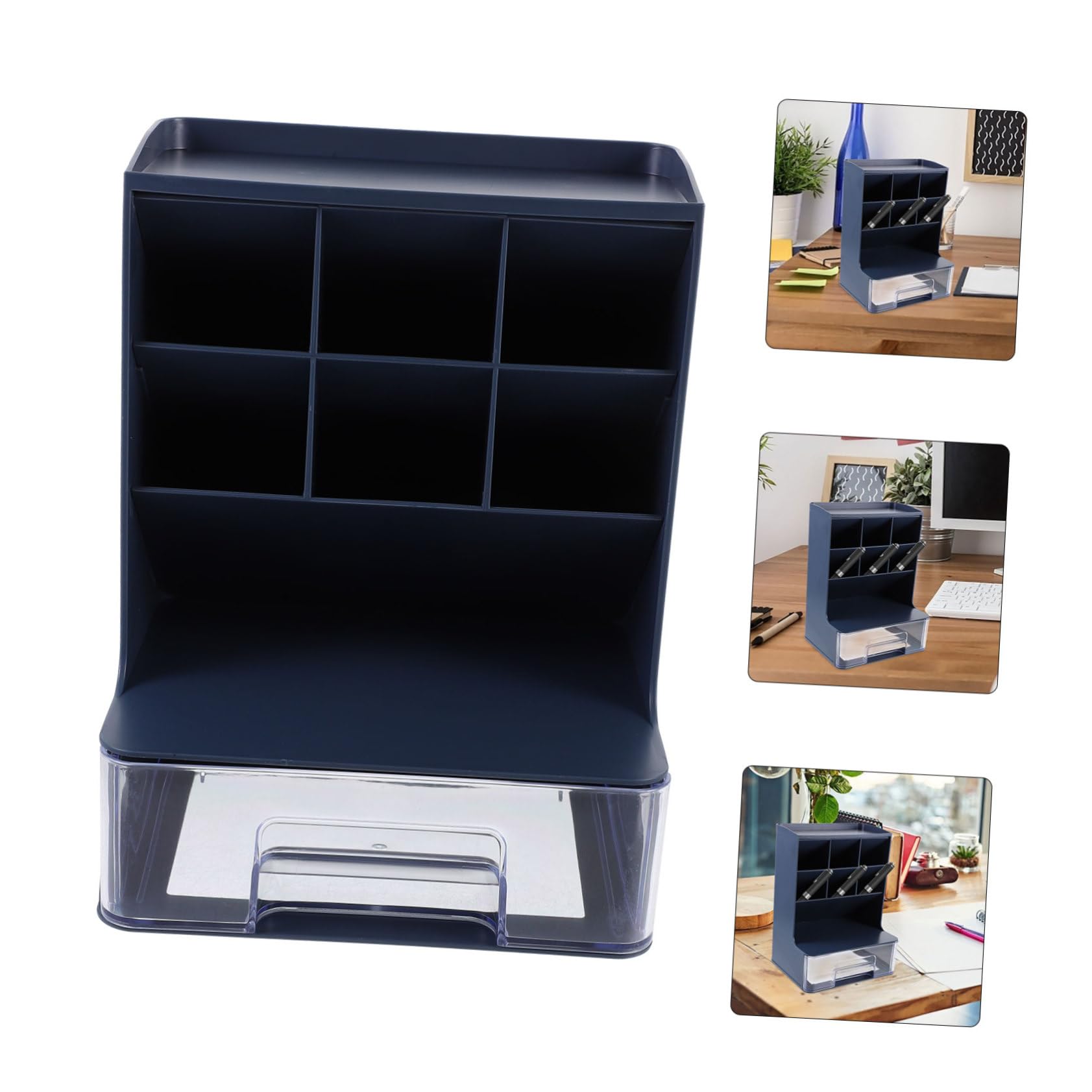Portalápices Multifuncional Organizador De Escritorio Pequeño Plástico Azul Oscuro Cajón Transparente Para Oficina Estudio y Hogar