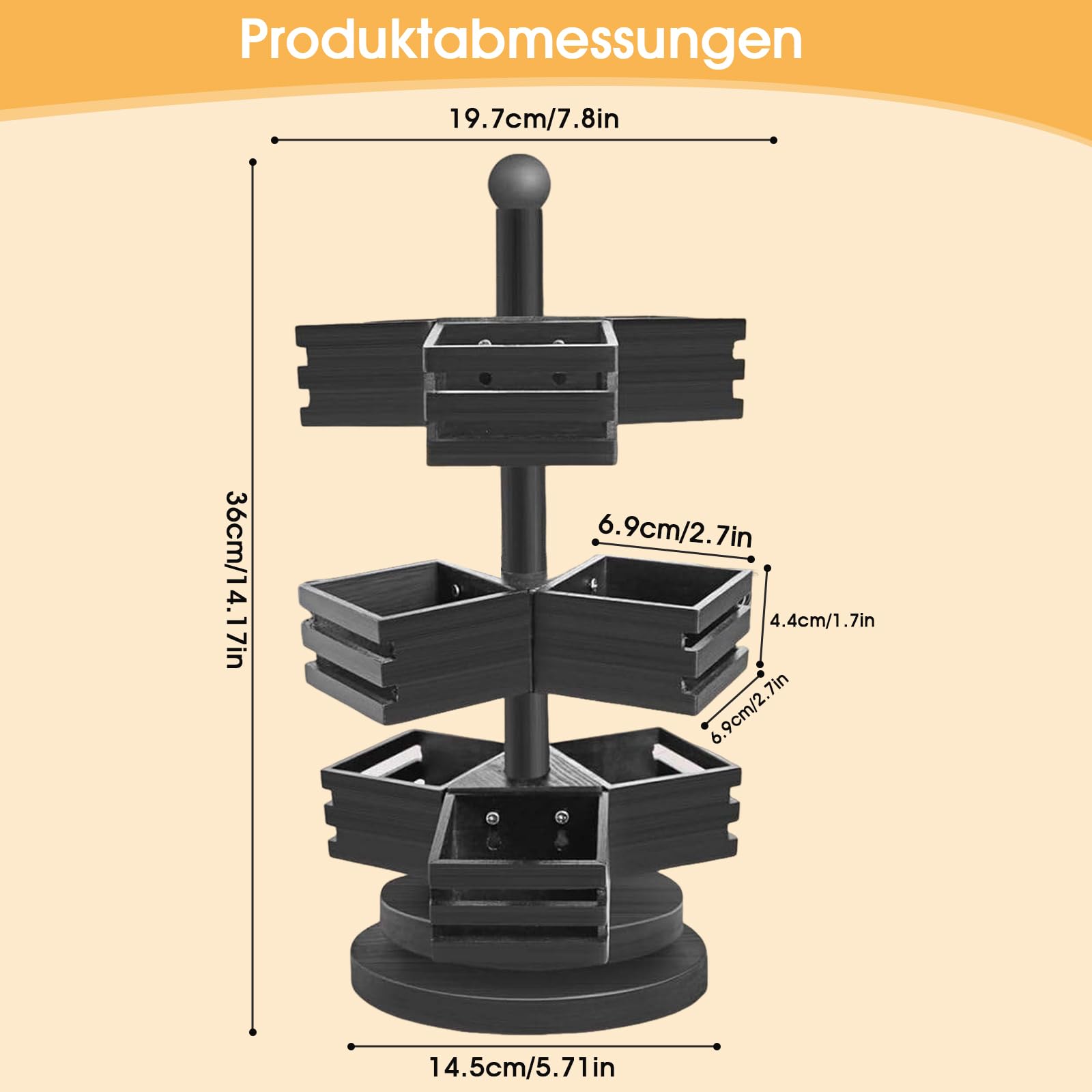 Organizer per bustine da tè, in bambù, a 3 ripiani, girevole a 360°, con 9 scomparti, per cucina, piano di lavoro, ufficio, caffè, zucchero (nero)