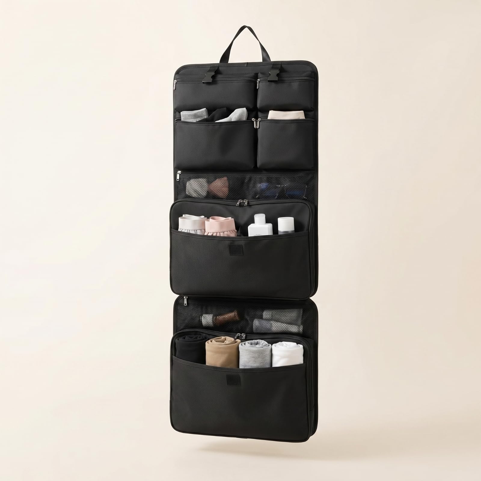 Organizzatore con Scomparti a Rete Resistente All'acqua Borsa da Pieghevole Lavabile in Lavatrice Borsa da con Maniglia per Valigia, Nero, 44.5 33.5 12CM