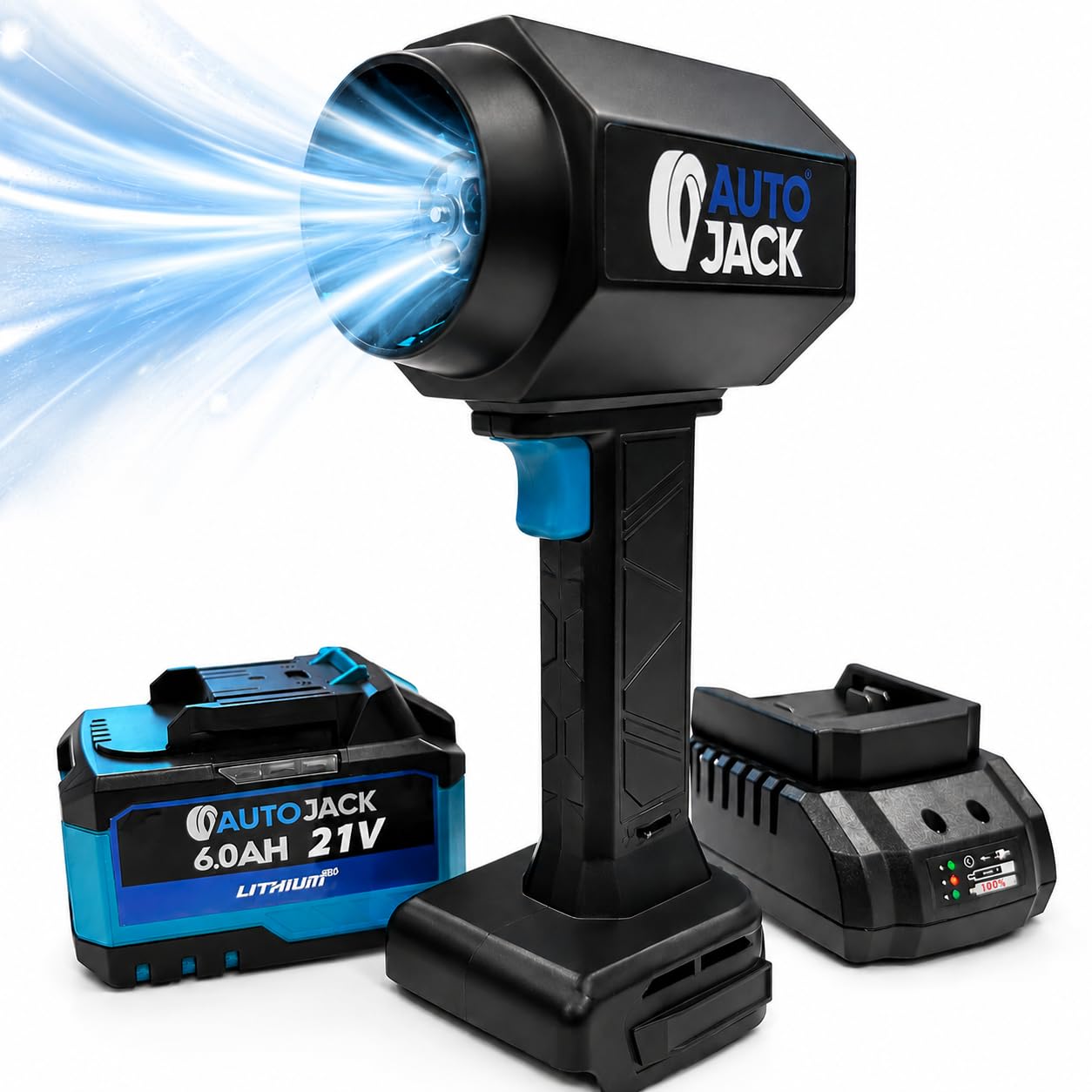 Autojack Car Dryer Air Blower Cordless 21V Turbo Jet Fan Car Dryer, 130,000 RPM 120m/s Cordless Blower for Car Drying, 6Ah Battery Powered Car Blower, Heavy Duty Snow Blower Cordless