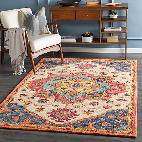 Image of Hand-Tufted Wool Carpet for Living Room 6x9 feet Ivory & Orange Traditional Design Anti-Skid High Pile Thick Carpet & Rugs for Bedroom & Hall