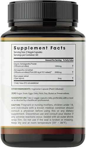 Miniatura 2 de Ashwagandha Cápsulas 3,000 mg - 120 cápsulas veganas hechas con polvo de Ashwagandha orgánico y extracto de raíz. Sin gluten. Fabricado en Estados