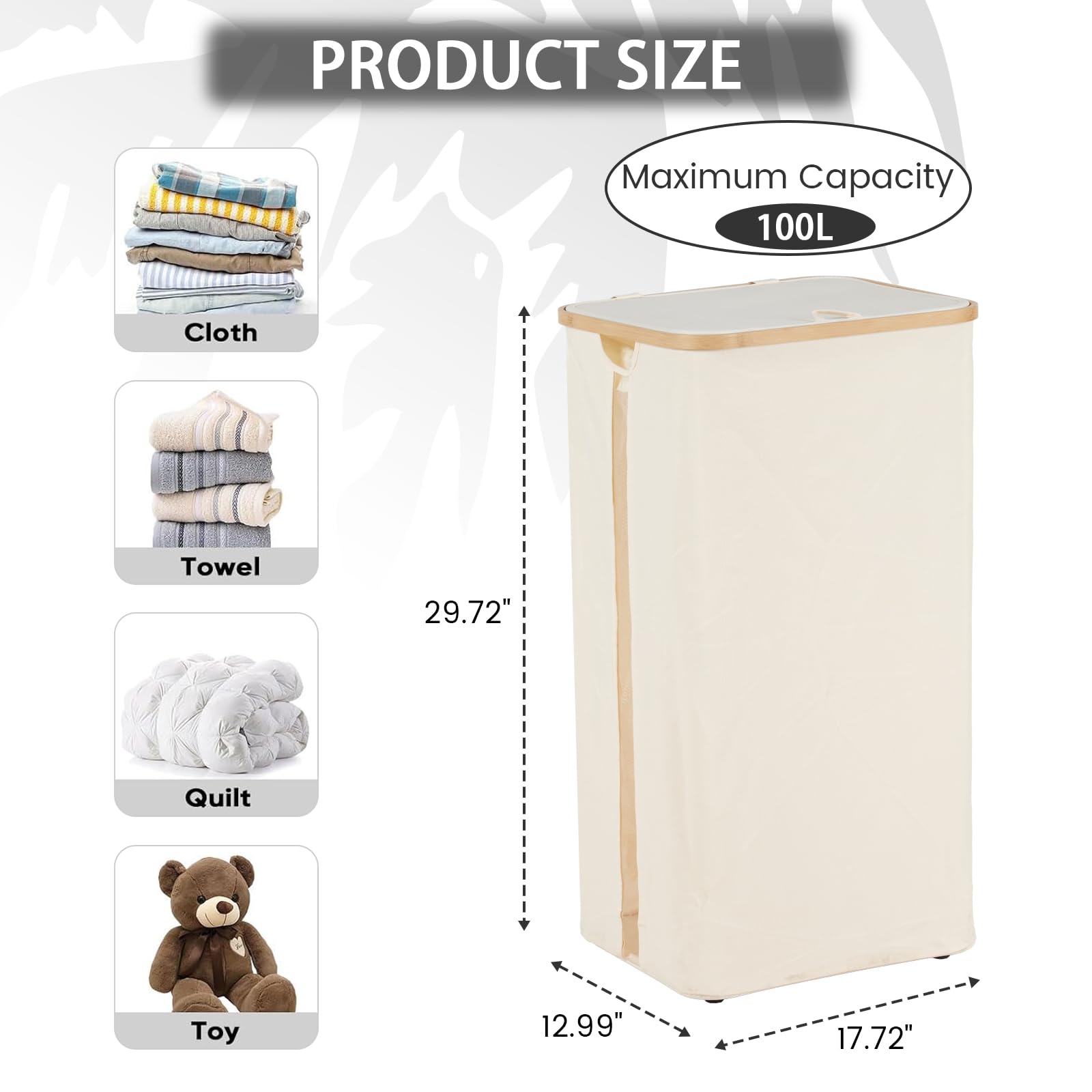 100L Laundry Basket with Lid, Clothes Hampers for Laundry with Bamboo Handles Large Foldable Laundry Hamper with Removable Inner Bag for Laundry Room, Bathroom, Bedroom and Dorm - Beige