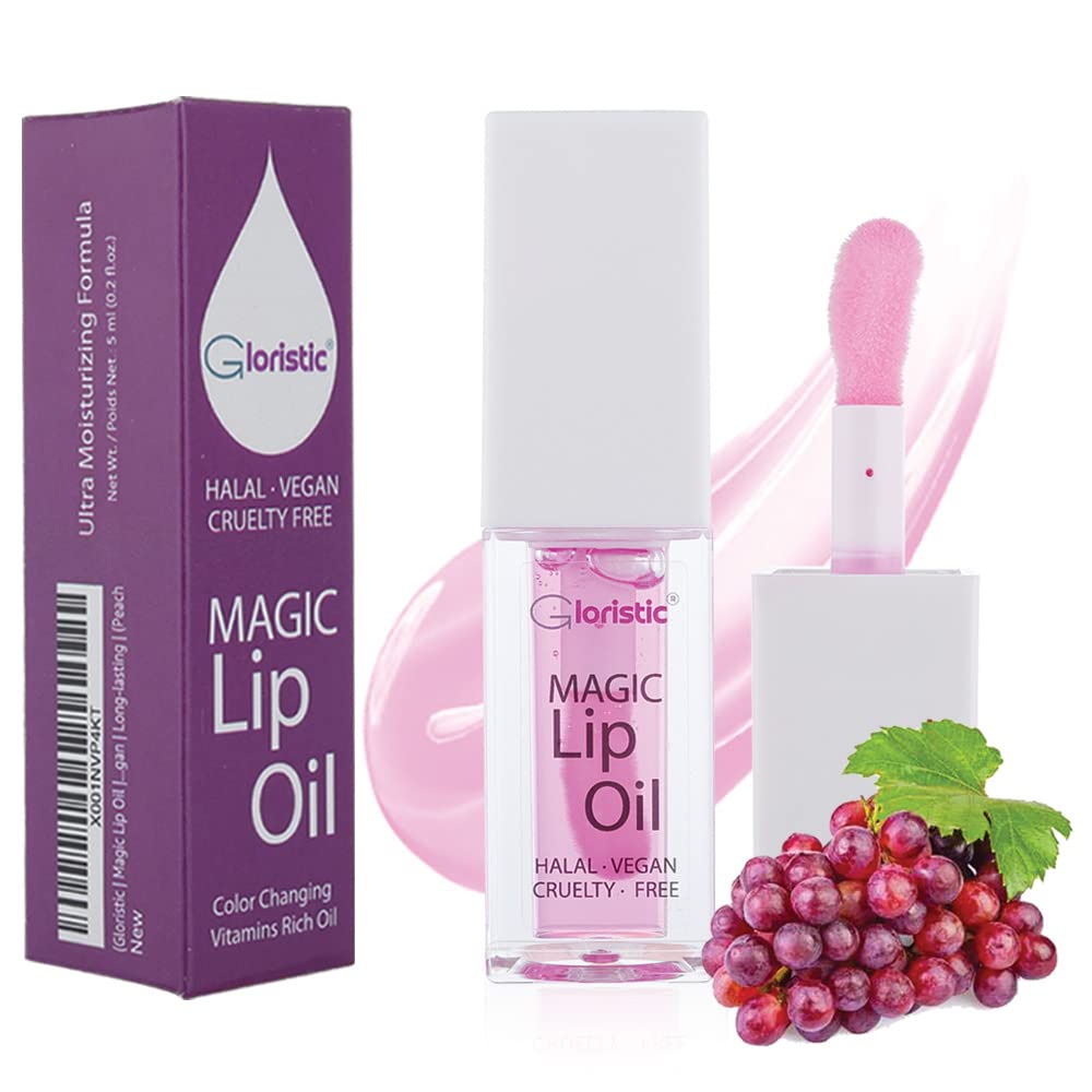 Gloristic | Magic Lip Oil | Color Changing Lip Oil | Vitamin Rich Ultra Moisturizing | Halal | Vegan | Long-lasting | (Grape)