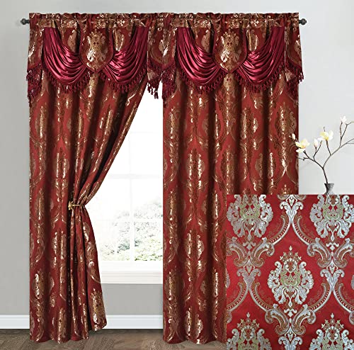 GOHD Luxe Love Lot de 2 Rideaux de fenêtre Jacquard avec cantonnière Fantaisie attachée (vin, 137,2 cm de Large x 243,8 cm de Haut avec cantonnière de 45,7 cm x 2...