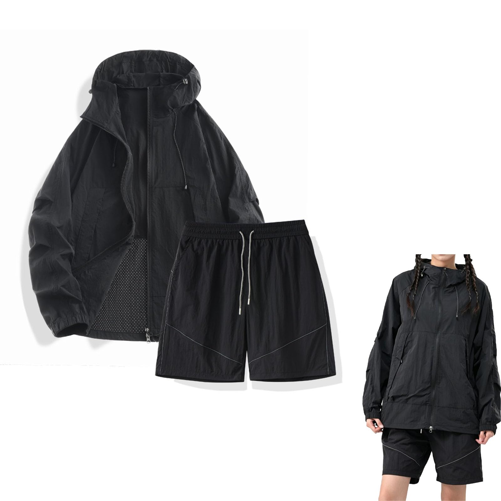 Conjunto de 2 piezas para mujer: chaqueta con capucha y pantalón. | Chaqueta ligera con protección solar UPF y cierre de cremallera completa, ideal para senderismo, caminatas