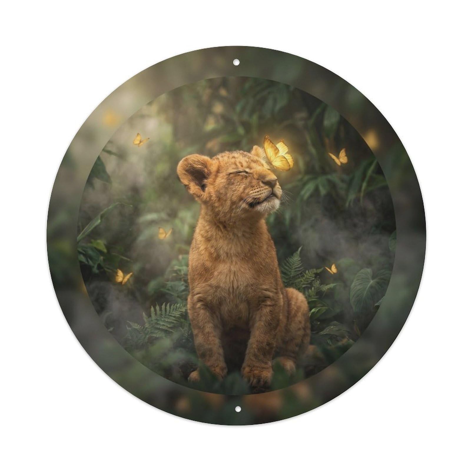 Lion Cub Zen Wildlife Safari Animal Calm Nature Portrait Metal Tin Sign Plaque Wall Decor for Cafe, Man Cave, Club Bar, Office, Home Garden Round Metal Poster 8x8Inch