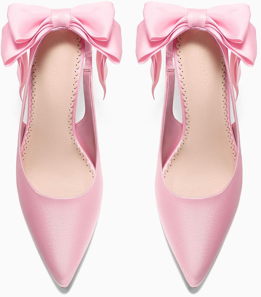 Coutgo Womens Slingback High Heels with Bow Closed Pointed Toe Wedding Bride Dress Shoes Satin Pumps - Image 6