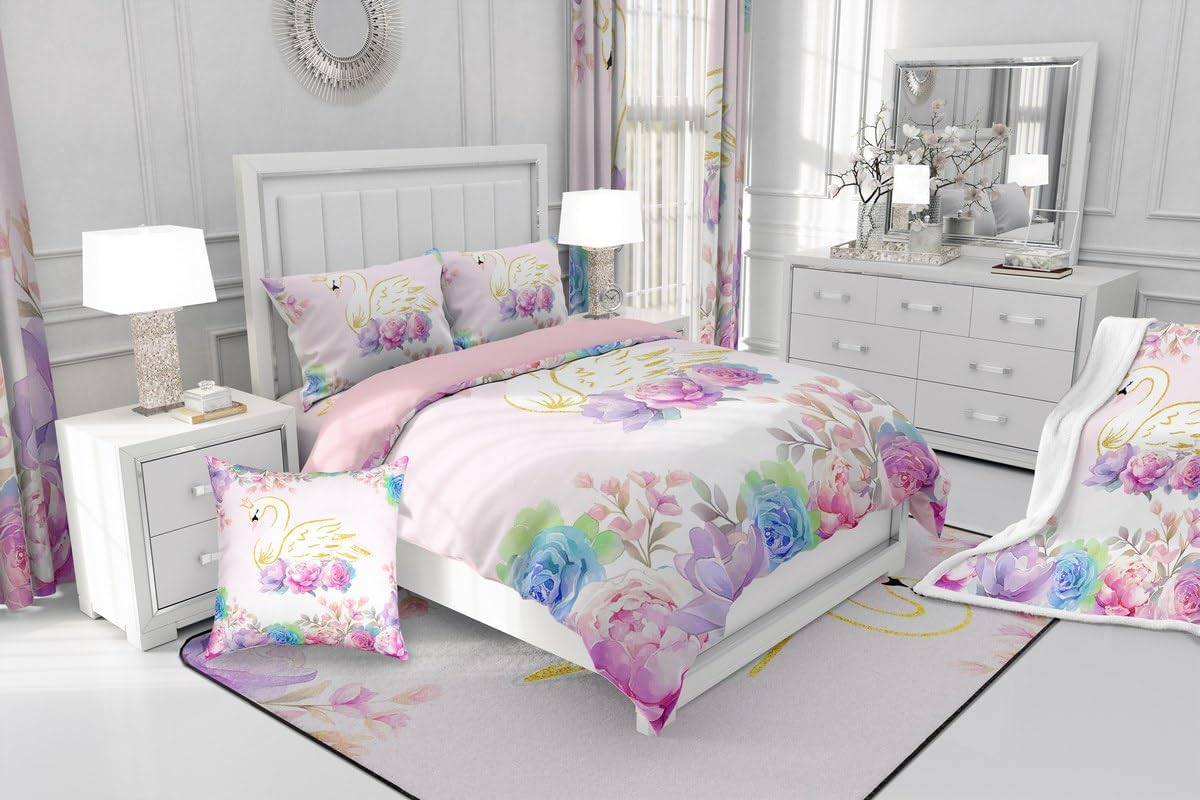 Dreamy Swan Crown Boys Girls Comforter Set,Fairy Tale Floral Duvet Set for Room Decor,Pink Girly Flowers Brushed Microfiber Soft Quilt Cover,Full
