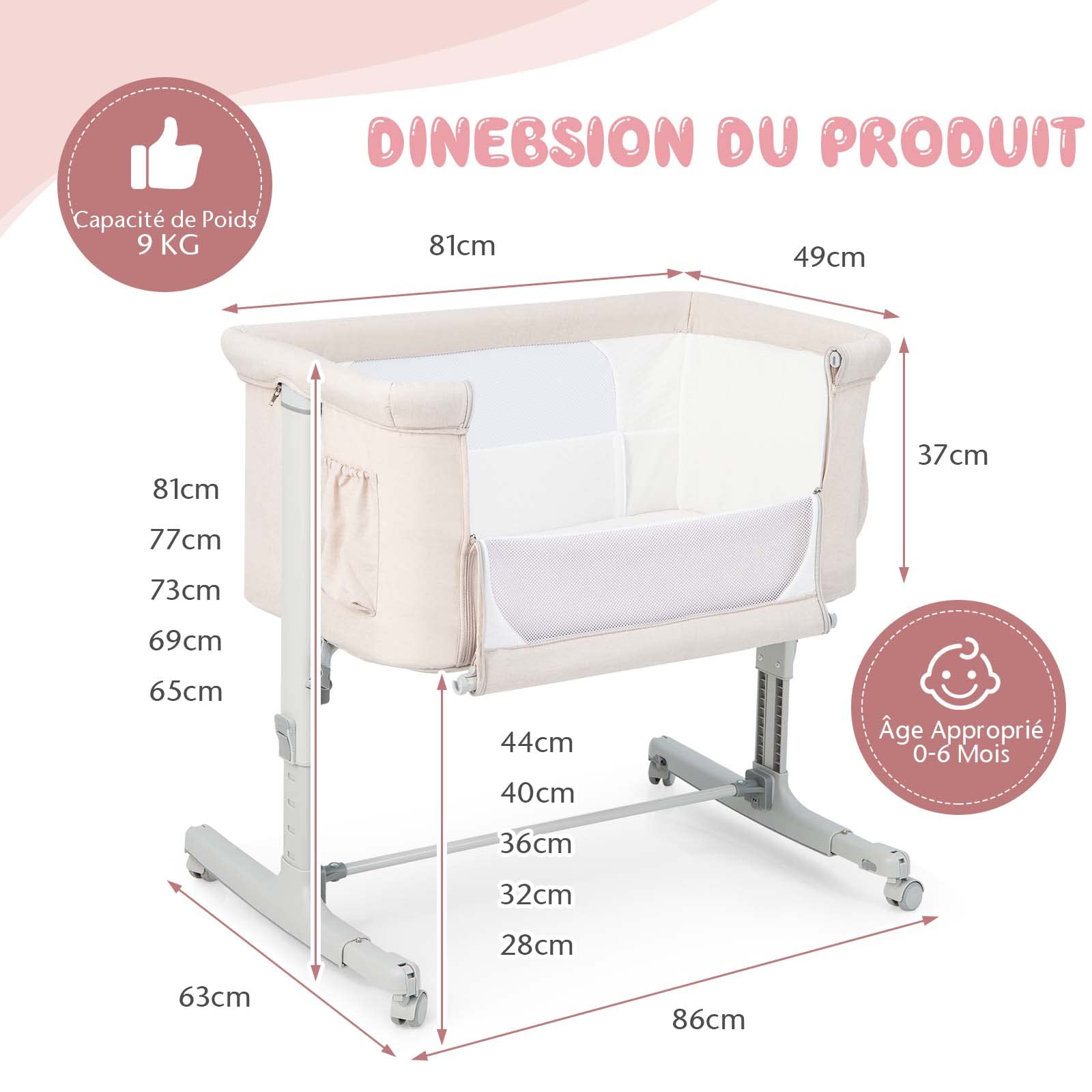 Lit Cododo Bébé 3 en 1 DREAMADE avec Matelas, Pliant, Hauteur Réglable, Roues avec Frein, Beige