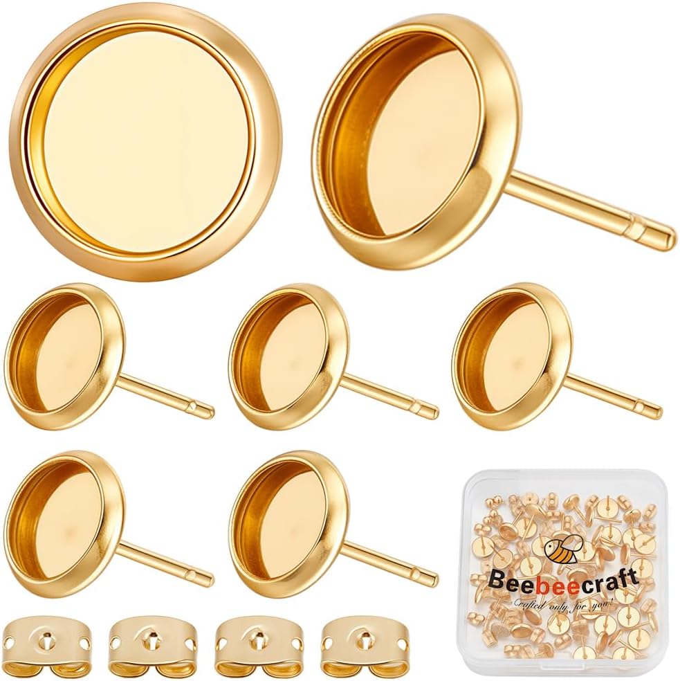 Beebeecraft 20Pcs Blank Bezel Stud Earrings 6mm with 20Pcs Ear Nuts 18K Gold Plated 304 Stainless Steel Flat Round Cup Cabochon Stud Earrings for Jewelry Making DIY Findings