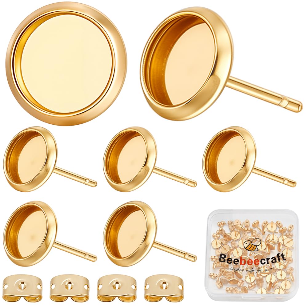 Beebeecraft 20Pcs Blank Bezel Stud Earrings 6mm with 20Pcs Ear Nuts 18K Gold Plated 304 Stainless Steel Flat Round Cup Cabochon Stud Earrings for Jewellery Making DIY Findings