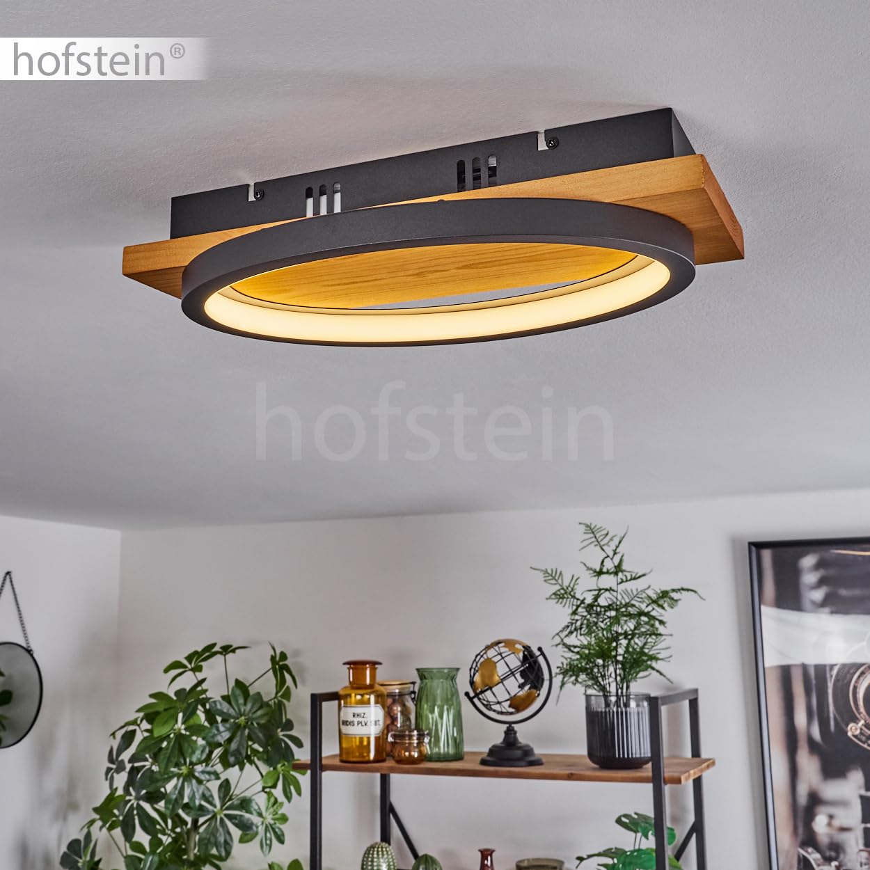 Lampa sufitowa LED Pompu, ściemnialna lampa sufitowa wykonana z metalu/drewna/plastiku w kolorze naturalnym/czarnym, ściemnialna, 1800 lumenów, 3000 K, 1 x LED 16 W