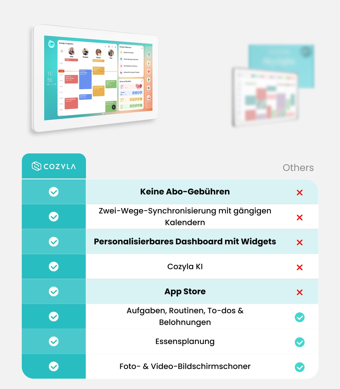 Cozyla Calendar Plus 2, 15,6 Zoll Digitaler Kalender – Kein Abo, Digitaler Familienplaner mit Touchscreen, Echtzeit Kalender-Sync, Aufgaben- & Belohnungssystem, Essensplaner, mit Tischständer