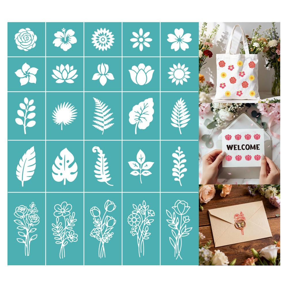 GOMAKERER 2 Sheets Flower Leaf Silk Screen Stencil, Lotus Sunflower Rose Monstera Self-Adhesive Silk Screen Printing Stencils Reusable Mesh Stencil for Painting on Wall, Wood, T-Shirt, Home Craft