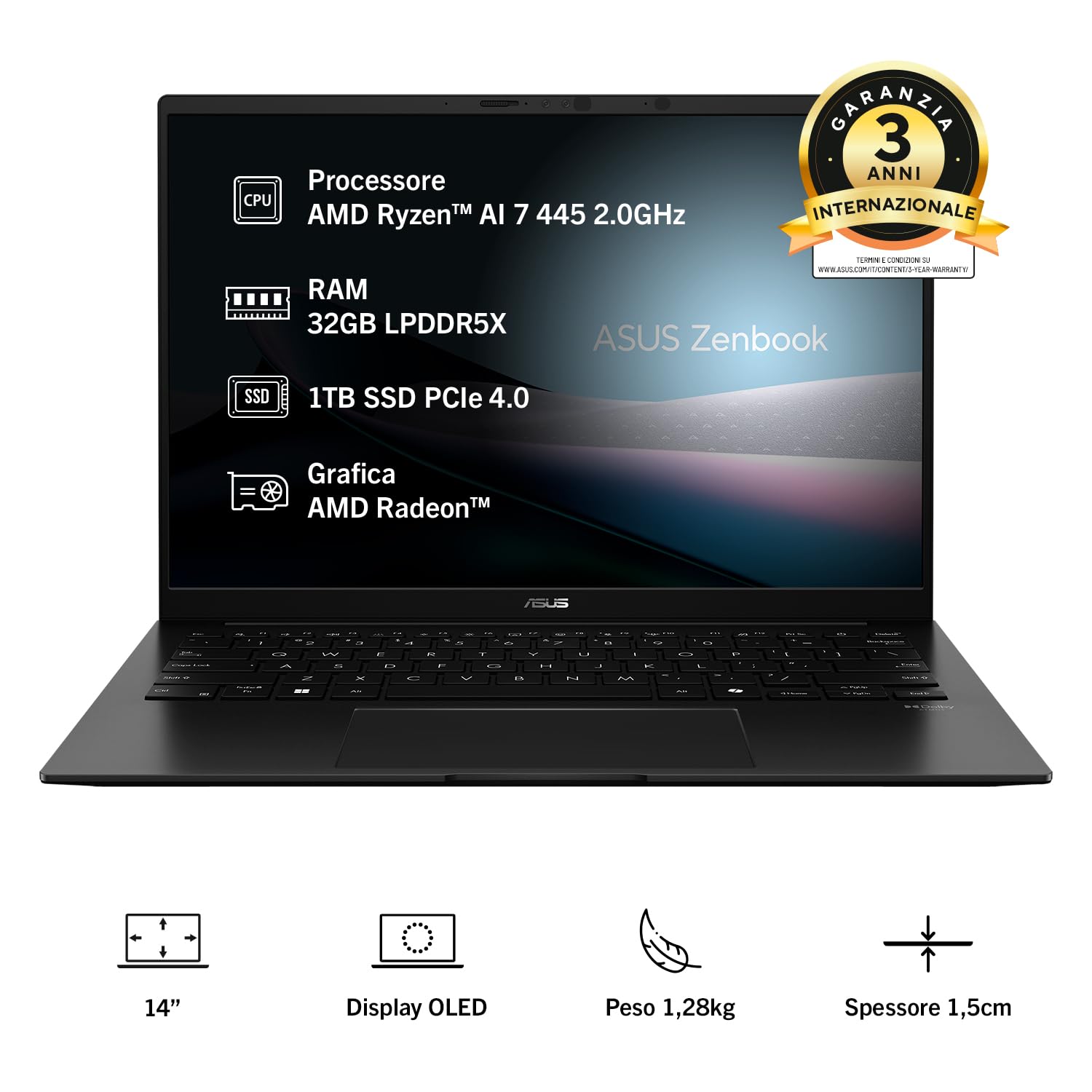 ASUS Zenbook 14 UM3406GA Notebook 14" OLED 60Hz AMD RYZEN AI 7 445 32GB RAM 1TB SSD WIN11 Home Nero