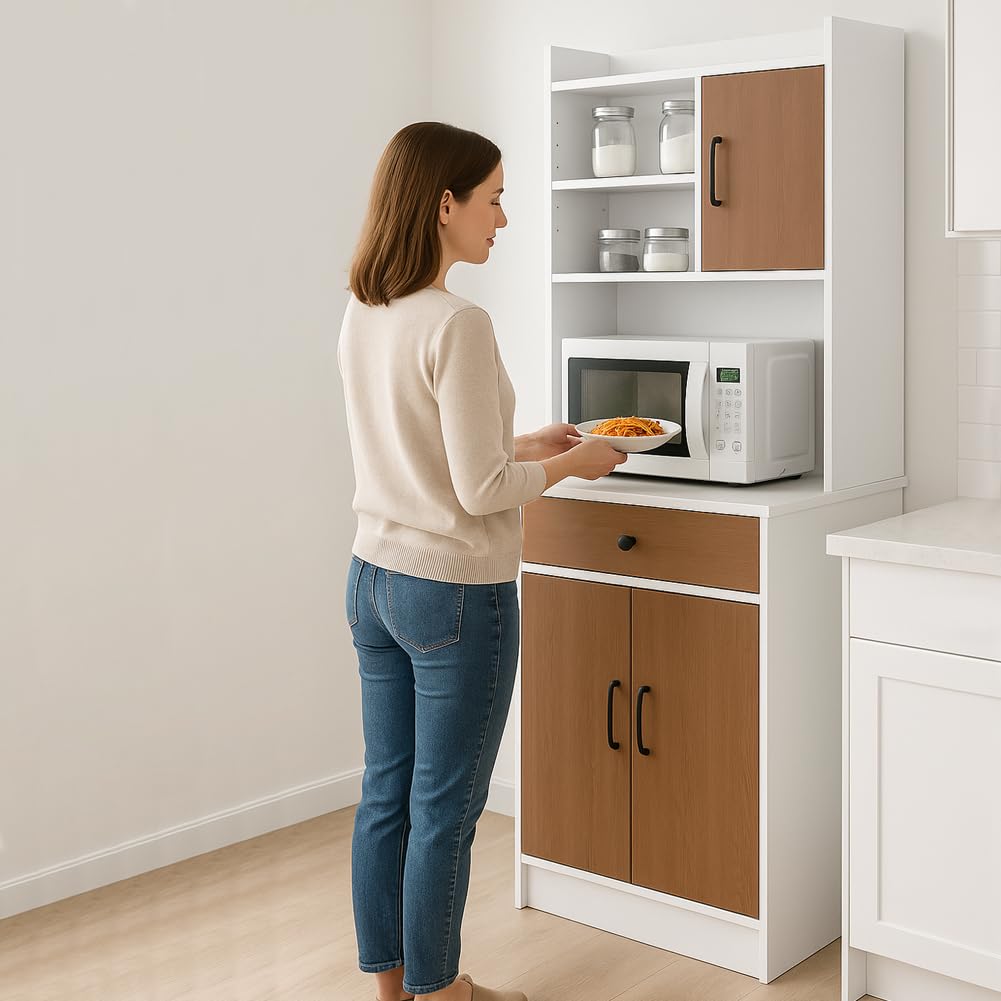 BAKAJI Armadio da Cucina Alto Multiuso, Credenza Mobile da Soggiorno, Sala da Pranzo, Salvaspazio, Sistema di Sicurezza, Mobiletto Dispensa con 2 Ante e 1 Cassetto, 55 x 40 x 180 cm (Bianco e Quercia)