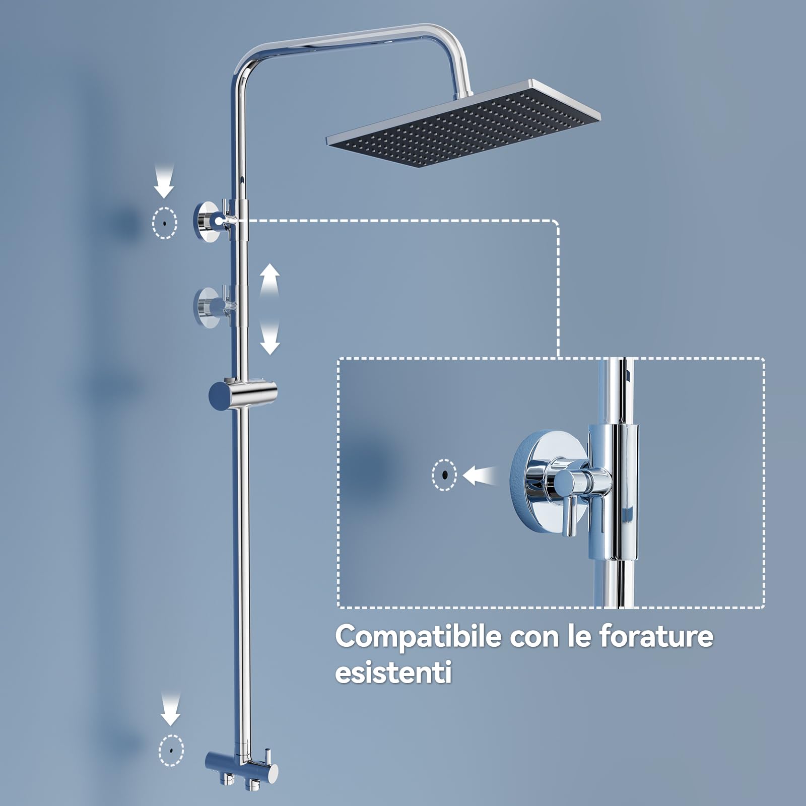 Auralum Colonna Doccia con Mensola Doccia, Colonna Doccia Senza Miscelatore Fori Muro Regolabili con Soffione a Pioggia Quadrato 25cm, Asta Doccia Altezza Regolabile 72-110cm, Cromo - 4