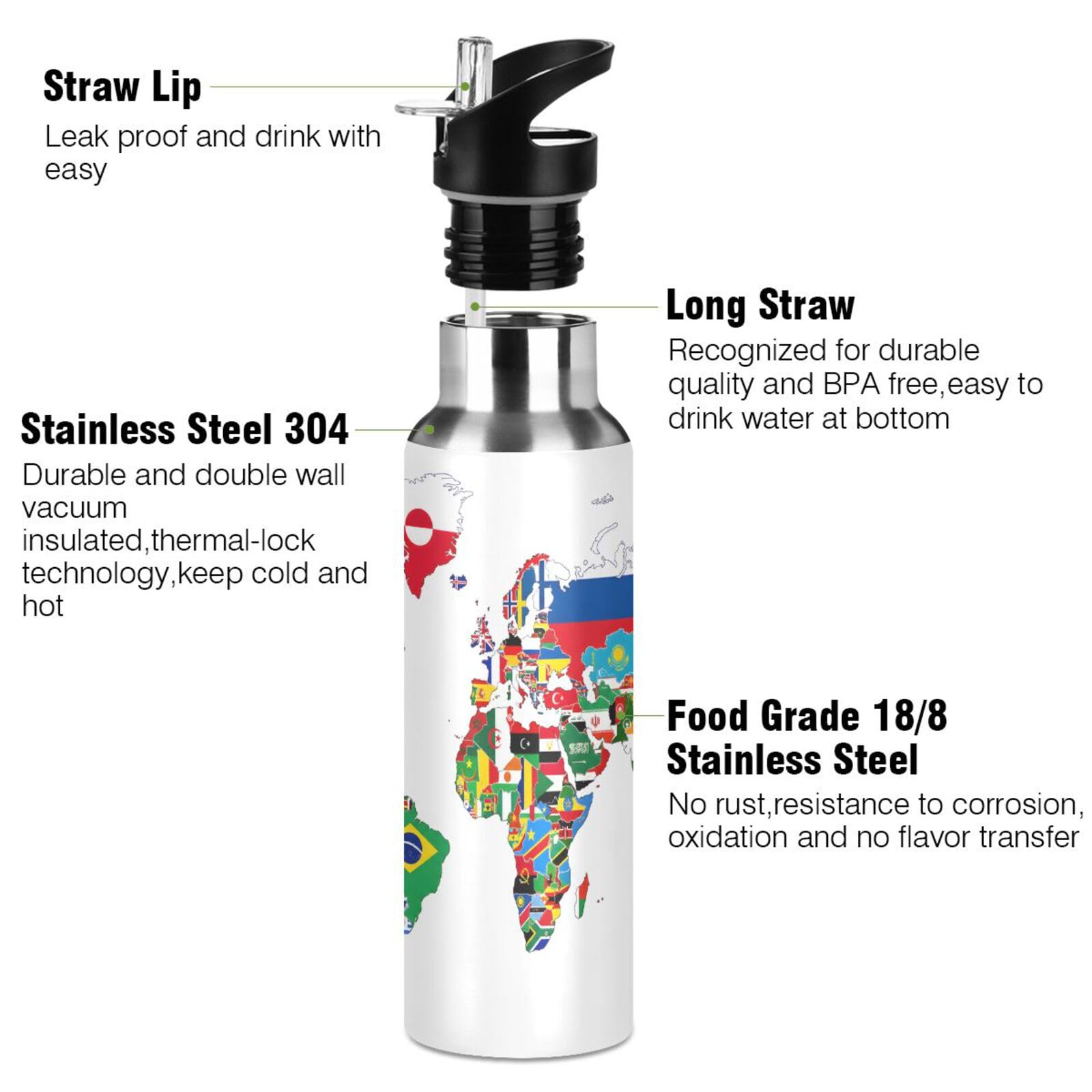 senya Wasserflasche mit Griff, Strohhalm-Deckel, vakuumisoliert, Edelstahl, Nationalflagge, Weltkarte, auslaufsicher, Sport-Kaffeemaschine, Tasse