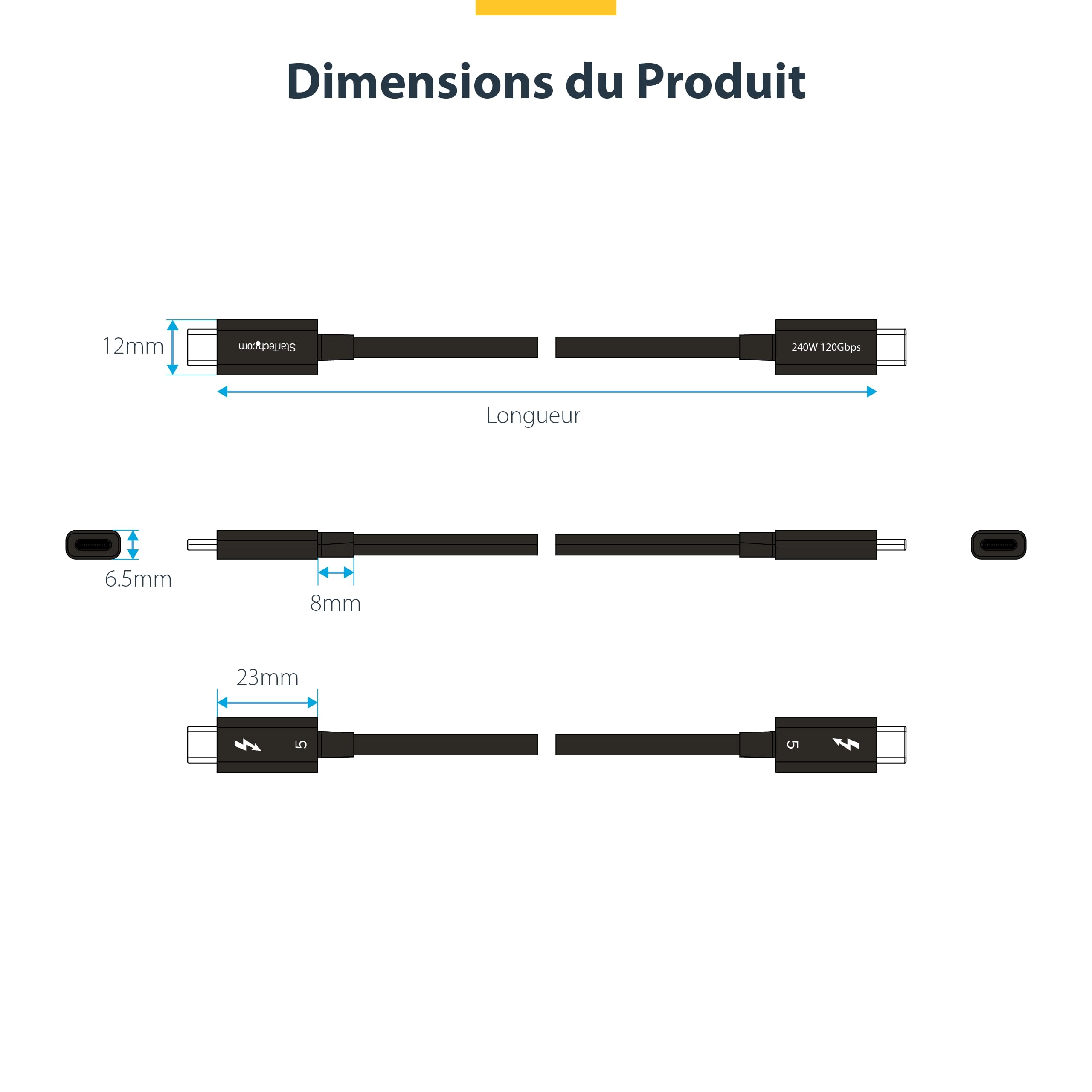 StarTech Câble Thunderbolt 5 50cm USB-C 80Gbps 240W PD 8K 60Hz Certifié | Jusqu'à 120Gbps, Compatible TB4/USB4/USB-C, DP 2.1 Alt Mode, PCIe 4.0, Double 4K 240Hz