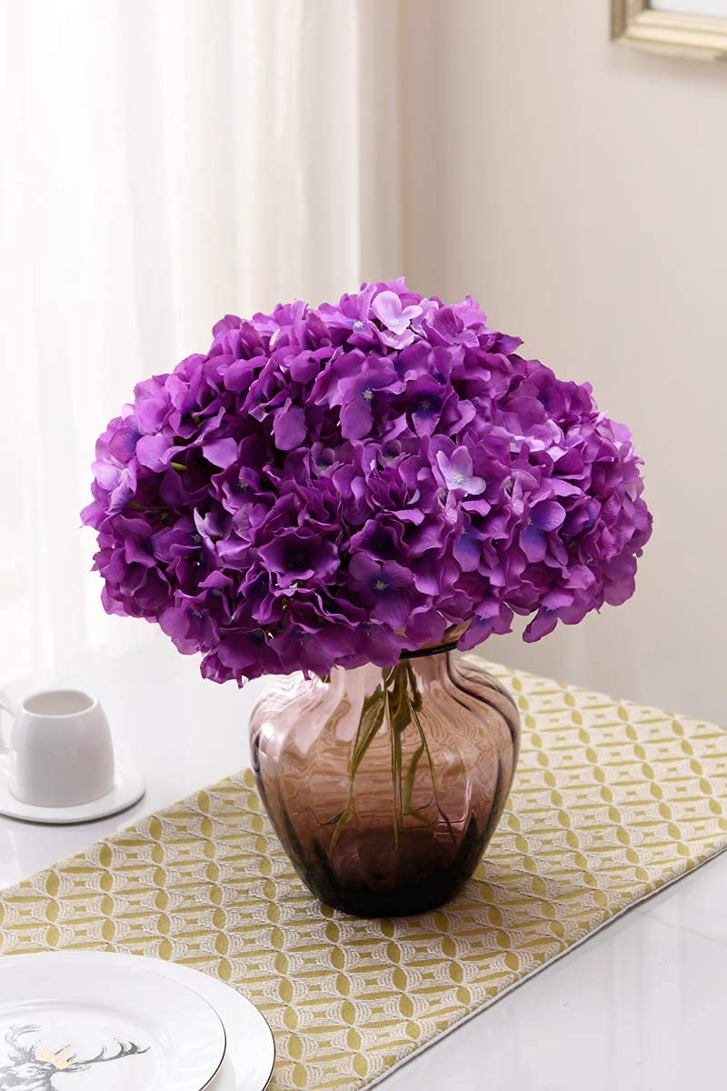 Well Art Gallery Hydrangea Silk Flowers Large Artificial Flowers with Stem Fake Champagne Flower Heads for Wedding Centerpiece Home Decor (Purple, 5)