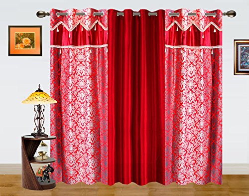 Dekor World Ombre Damask Lace Solid Mix Curtain-Set of 3