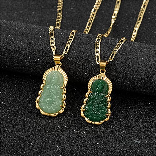 kelistom 18K Gold Plated Green GUANYIN Buddha Pendant Necklace for Women Men Buddhist Ornament Maitreya Buddha Amulet Hinduism 3MM Flat Figaro Necklace Chain3