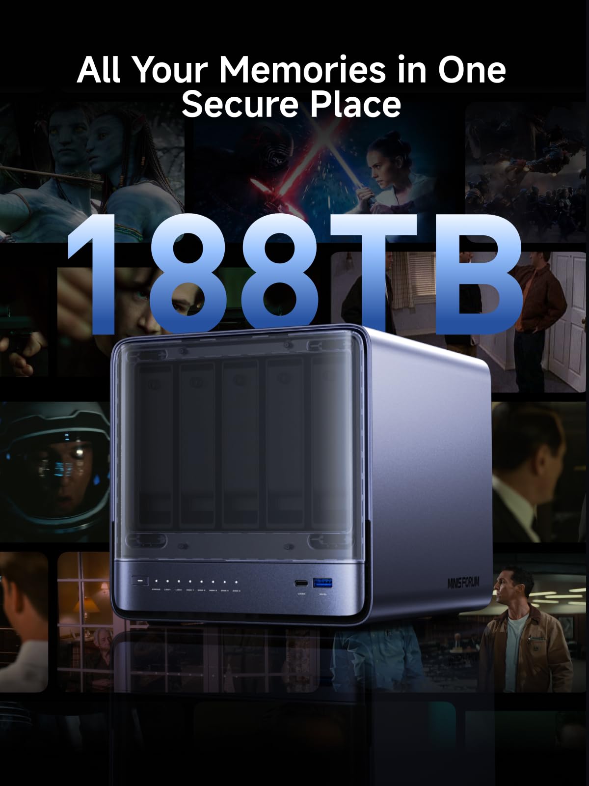 MINISFORUM N5 Pro 5-Bay Desktop NAS,AMD Ryzen AI 9 HX PRO 370,Zwei DDR5-Kanäle,1 * 10GbE, 1 * 5GbE,1*M.2 NVMe-Steckplätze, 2*U.2/M.2 2280 NVMe-Steckplätze,8K HDMI,Network Attached Storage(Diskless)
