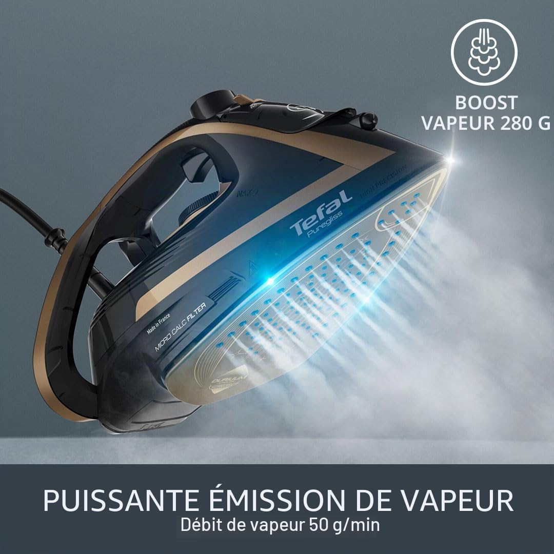 Tefal FV8064 Puregliss Fer à repasser à vapeur, 3000 W, effet pressing 280 g/min, 0-50 g/min, vapeur variable, vapeur verticale, semelle Durilium AirGlide Autoclean, filtre micro calc, noir/doré