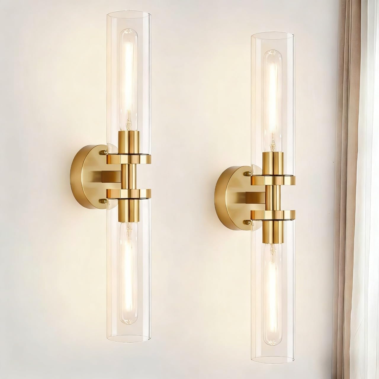 AT-VALY Wall Sconces Set of Two,Vanity Light Fixtures with Clear Glass,Modern Sconces Wall Decor for Bathroom, Living Room Mirror (Brushed Brass)