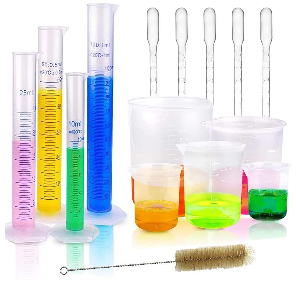 15-teiliges Set aus Plastik-Messzylindern und Bechergläsern mit Pipetten und Bürste - Präzise Flüssigkeitsmessung für Labor und Küche