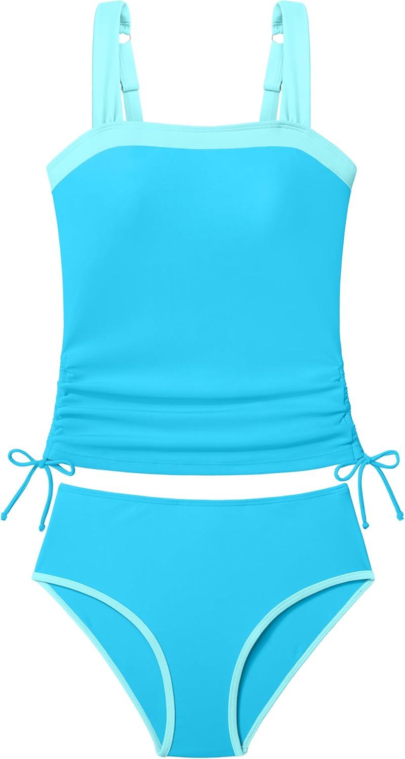 Queenstyle Teen Girls Tankini Swimsuit 2 Piece Bathing Suit Color-Block Drawstring Girls' Swimwear for 9-16 Years