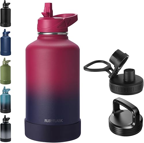 Miniatura 10 de Botella de agua aislada de 40 onzas con popote, termo de acero inoxidable con vacío, botella de agua térmica grande con 3 tapas a prueba de fugas