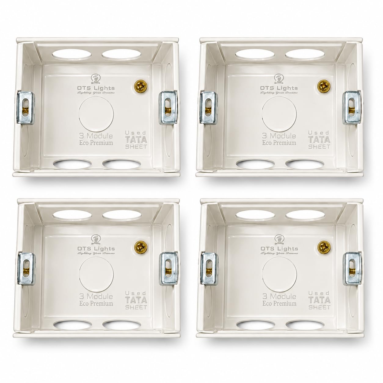 3 module eco premium metal box, pack of 4 made by tata sheet | tata sheet material, surface mounting, metal clamps included, white finish, electrical switchboard