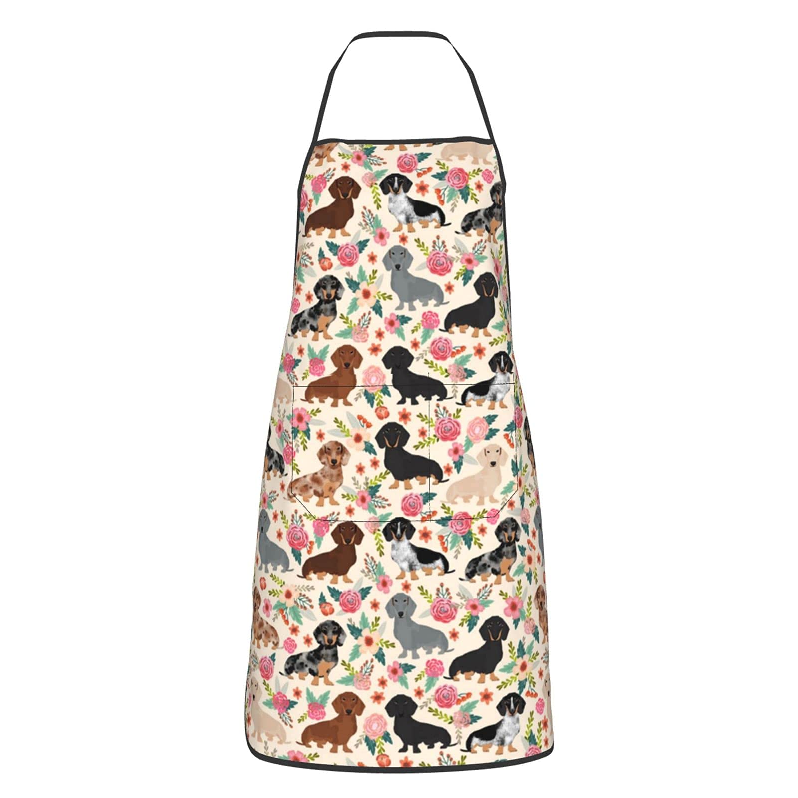 Msincudj Unisex As Picture Kitchen Aprons,Dachshund Sausage Dogs Florals Cooking Apron With Pockets,Waterproof Chef Apron Adjustable Bib For