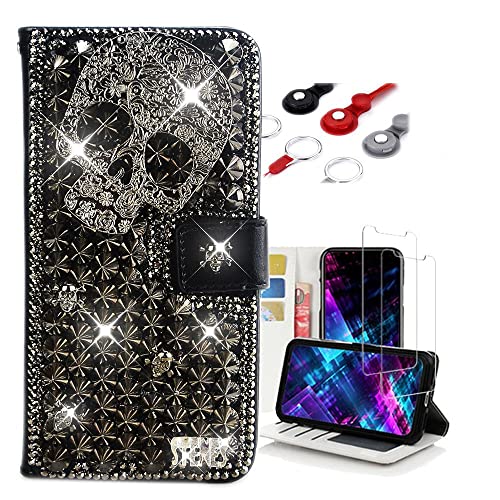 Fairy Art Crystal Wallet Phone Case Compatible With Iphone 13 Mini - Punk Rivet Skull - Black - 3D Handmade Sparkly Glitter Bling Leather Cover With Screen Protector & Neck Strip Lanyard #TOP1
