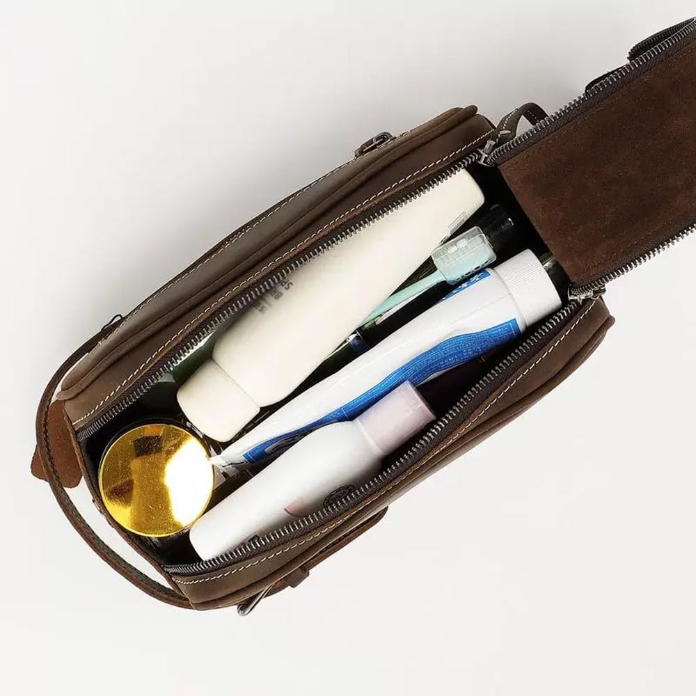 Kulturbeutel aus Leder for Herren – Reise-Dopp-Set und Hygiene-Organizer, perfekte Kultur-Reisetasche for Herren(Brown)