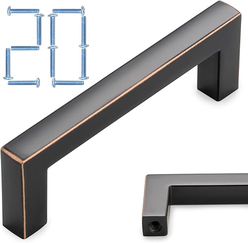 KOOFIZO Paquete de 20 tiradores de barra cuadrada maciza para armario, tirador de bronce aceitado, distancia para los tornillos de 3 pulgadas2.992
