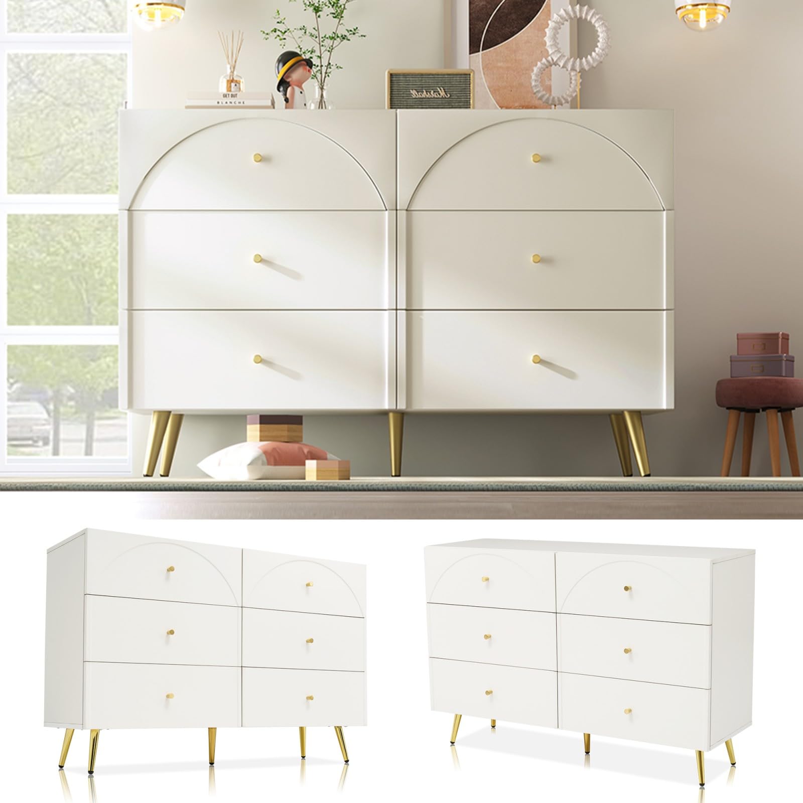 PUGSDRLY Commode à 6 tiroirs avec tiroirs blancs, armoire de rangement avec tiroirs, style moderne, buffet pour salon et chambre (H85/L120/P40 cm)